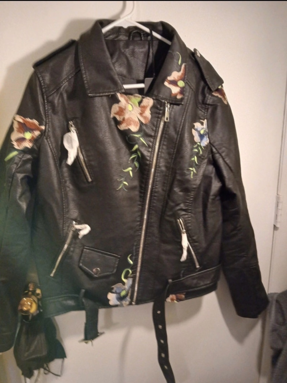 Black Floral Embroidered Faux Leather Moto Jacket